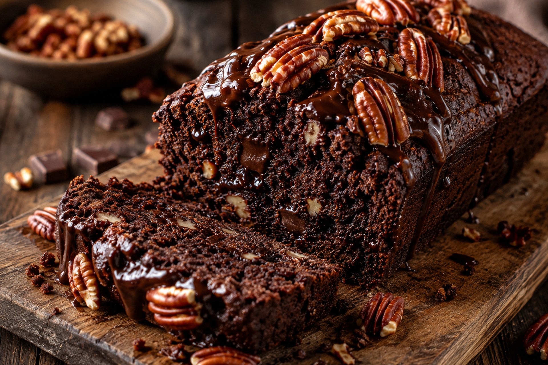 Chocolate Pecan Loaf Cake with Rich Chocolate Drizzle