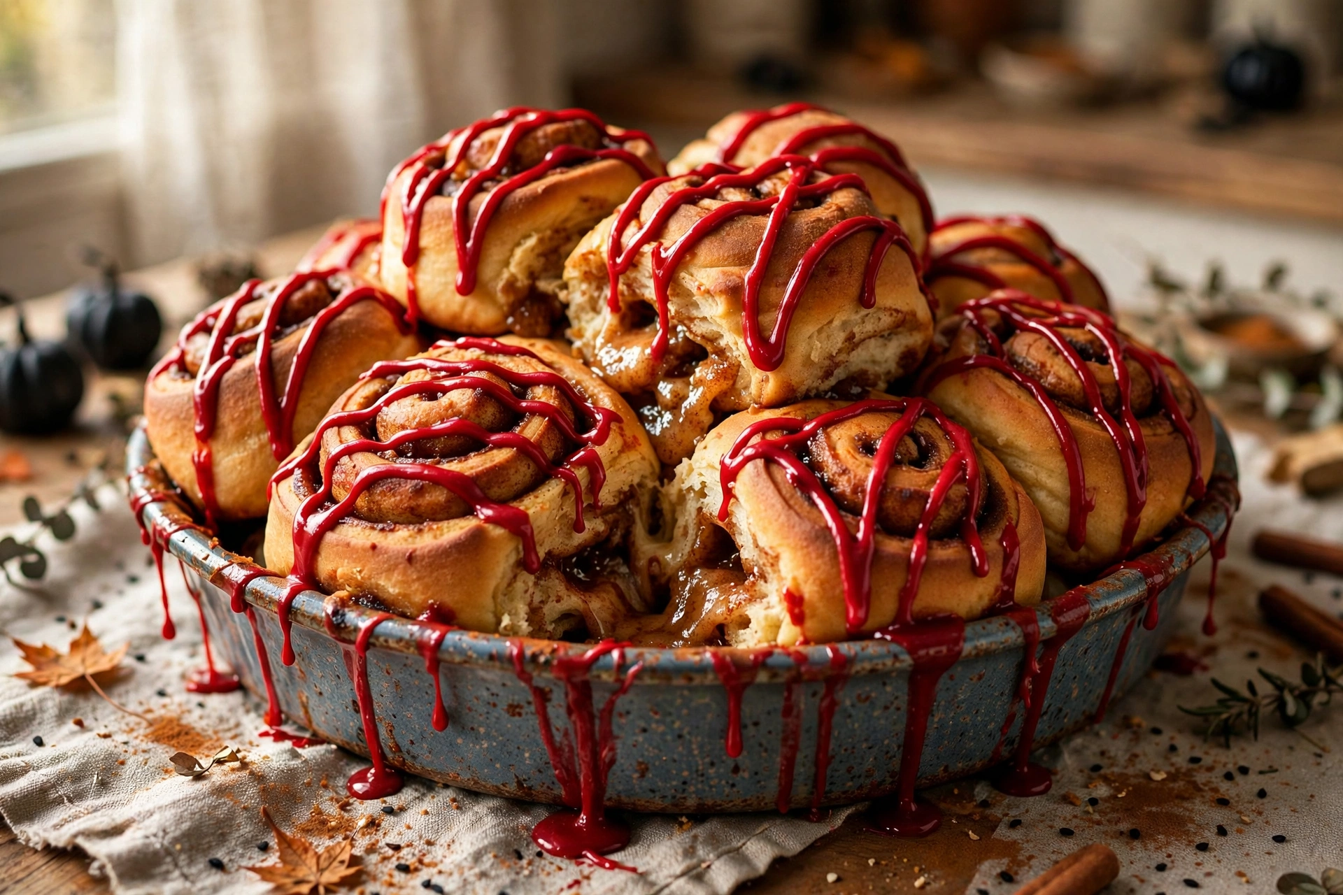 Halloween Cinnamon Rolls with Red Glaze